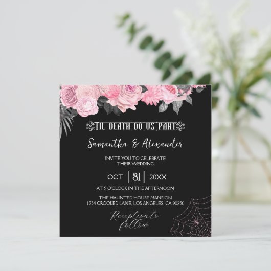 ピンクと黒のゴシック様式の結婚式招待状 招待状 (スタンド正面)