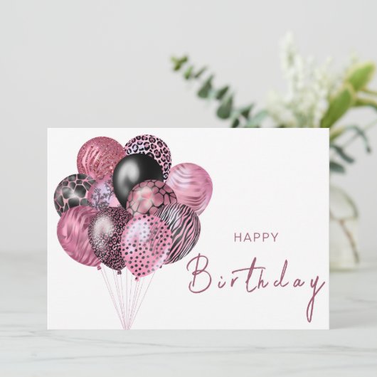 ピンクと黒のサファリバルーンハッピーバースデー カード (スタンド正面)