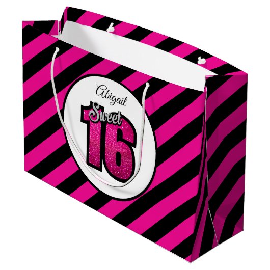 ピンクと黒のスイート16グリッター誕生日大 ラージペーパーバッグ (裏面アングル)