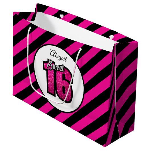 ピンクと黒のスイート16グリッター誕生日大 ラージペーパーバッグ (正面アングル)