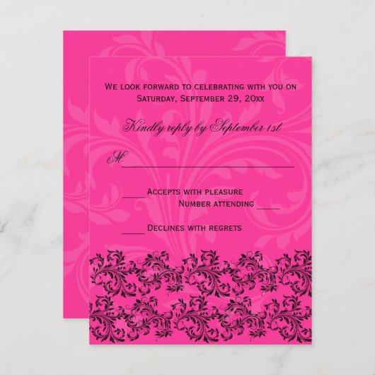 ピンクと黒のスクロールの返信カード 招待状 (正面/裏面)