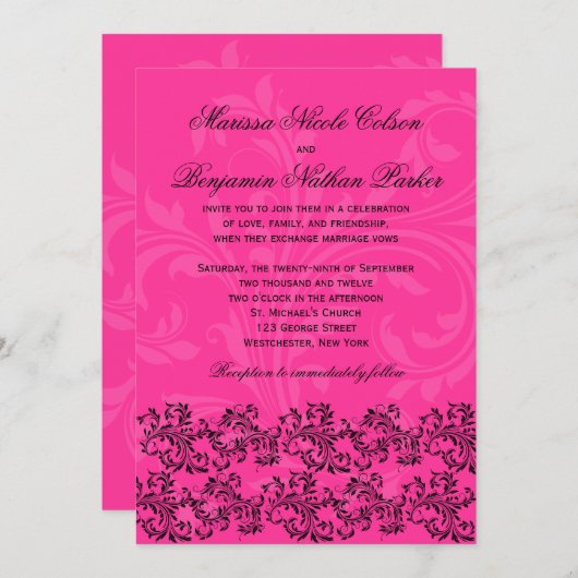 ピンクと黒のスクロール結婚式招待状 招待状 (正面/裏面)