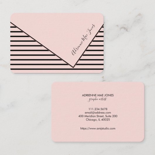 ピンクと黒のストライプフェイクが重なる 名刺 (正面/裏面)