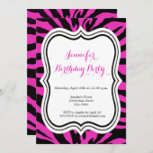ピンクと黒のゼブラファッションガールハッピーバースデー 招待状 (正面/裏面)