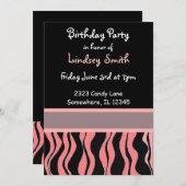 ピンクと黒のゼブラプリント誕生日招待状 招待状 (正面/裏面)