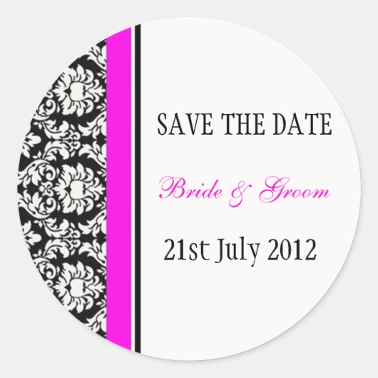 ピンクと黒のダマスクのウェディングシール ラウンドシール (正面)