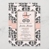 ピンクと黒のダマスクのベビーシャワー招待状 招待状 (正面/裏面)