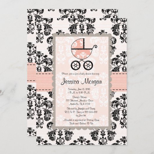 ピンクと黒のダマスクのベビーシャワー招待状 招待状 (正面/裏面)