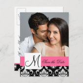 ピンクと黒のダマスクの写真日付はがきを保存 案内ポストカード (正面/裏面)