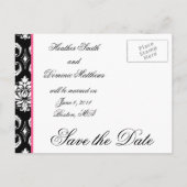 ピンクと黒のダマスクの写真日付はがきを保存 案内ポストカード (裏面)