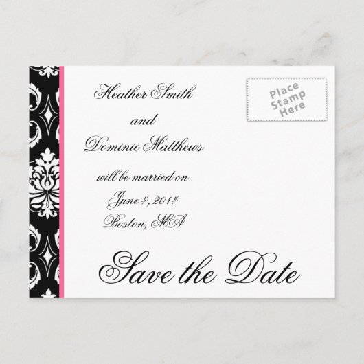 ピンクと黒のダマスクの写真日付はがきを保存 案内ポストカード (裏面)