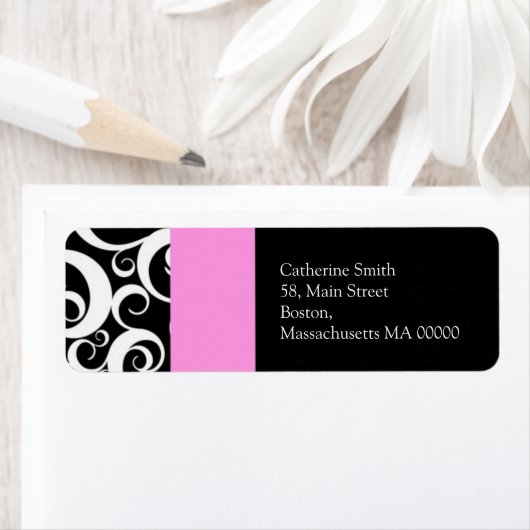 ピンクと黒のダマスクの渦巻き住所 シール (インサイチュ)
