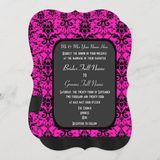 ピンクと黒のダマスクの熱い結婚式 招待状 (正面/裏面)