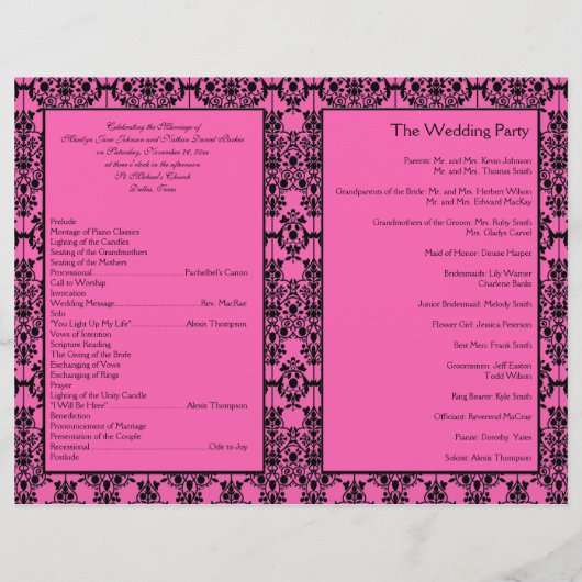 ピンクと黒のダマスクの結婚式プログラム (裏面)