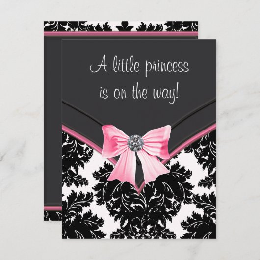 ピンクと黒のダマスクの赤ちゃんシャワー 招待状 (正面/裏面)
