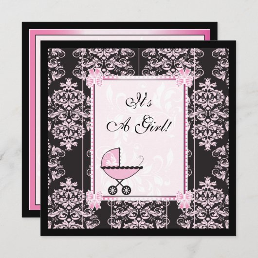 ピンクと黒のダマスクの赤ちゃんシャワー 招待状 (正面/裏面)