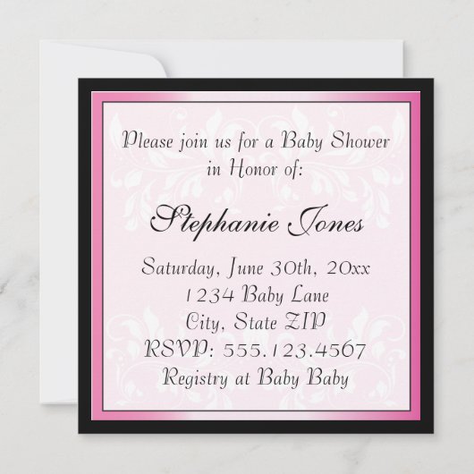ピンクと黒のダマスクの赤ちゃんシャワー 招待状 (裏面)