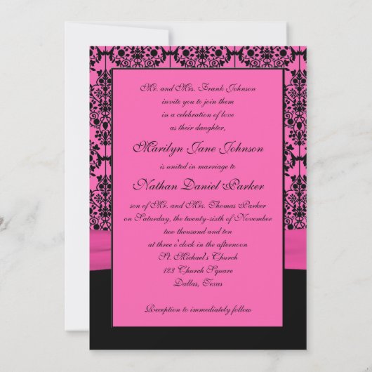ピンクと黒のダマスクウェディング招待状 招待状 (裏面)