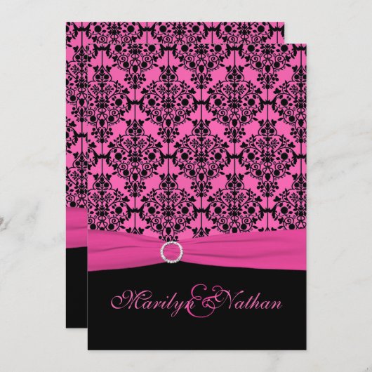 ピンクと黒のダマスクウェディング招待状 招待状 (正面/裏面)