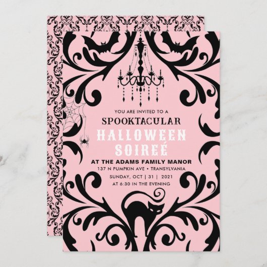 ピンクと黒のダマスクグラムハロウィンソーリー 招待状 (正面/裏面)