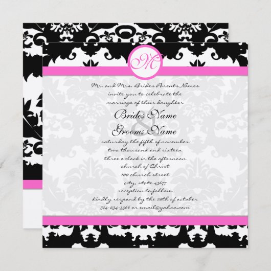 ピンクと黒のダマスクスワーズ結婚式招待状 招待状 (正面/裏面)