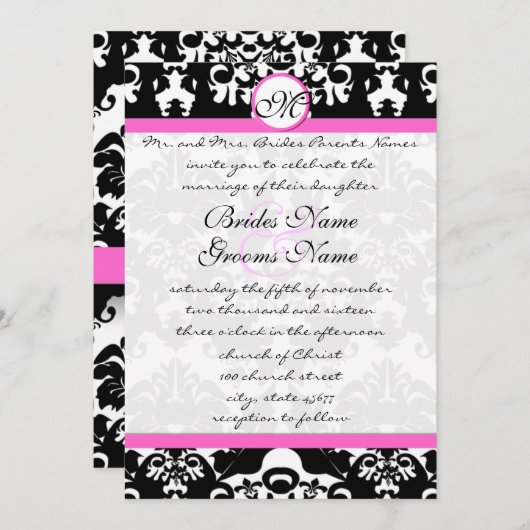 ピンクと黒のダマスクスワーズ結婚式招待状 招待状 (正面/裏面)