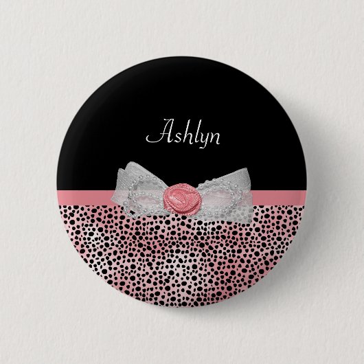 ピンクと黒のチーズプリントかわいい弓の名前 缶バッジ (正面)