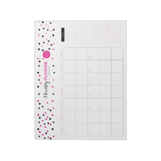 ピンクと黒のドット月次プランナー ノートパッド (回転)