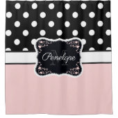 ピンクと黒のドット シャワーカーテン (正面)