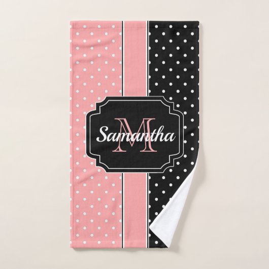 ピンクと黒のドット バスタオルセット (ハンドタオル)