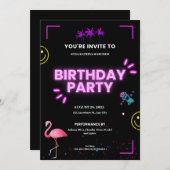 ピンクと黒のネオンモダン未来の誕生日パーティー 招待状 (正面/裏面)