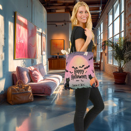 ピンクと黒のハロウィーンとこうもり&黒猫 トートバッグ