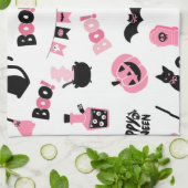 ピンクと黒のハロウィーン キッチンタオル (折り畳み)