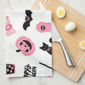 ピンクと黒のハロウィーン キッチンタオル (四つ折り)