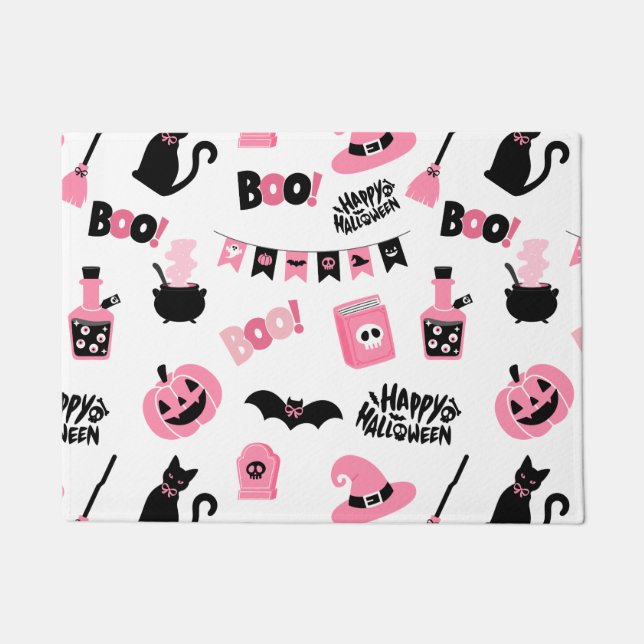 ピンクと黒のハロウィーン ドアマット (正面)