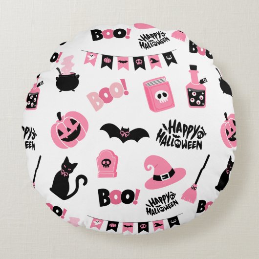 ピンクと黒のハロウィーン ラウンドクッション (正面)