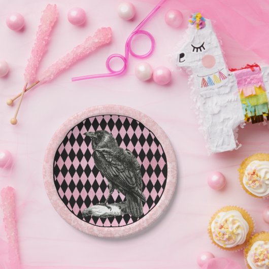 ピンクと黒のハーレクインとレイベン ペーパープレート (パーティー)