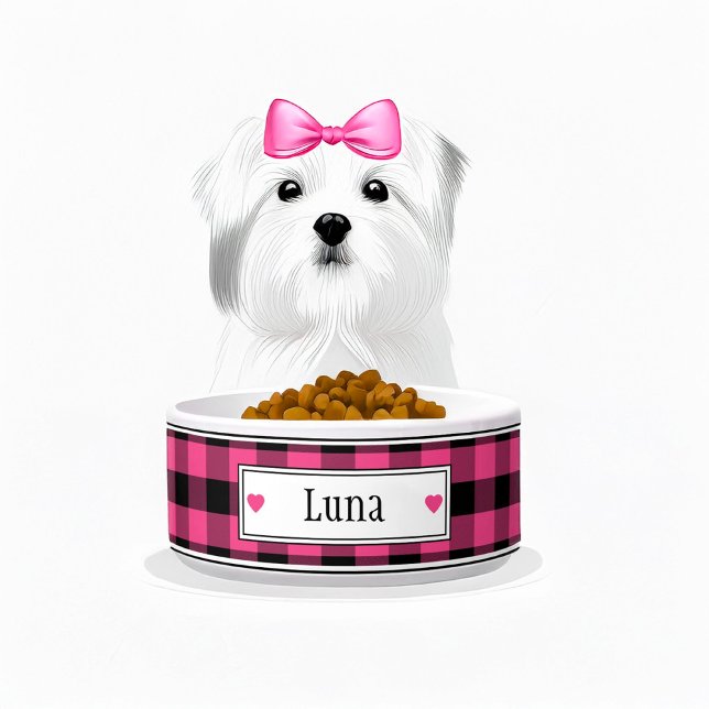 ピンクと黒のバッファローのプレイド名 ボウル (pink and black plaid personalized dog bowl)