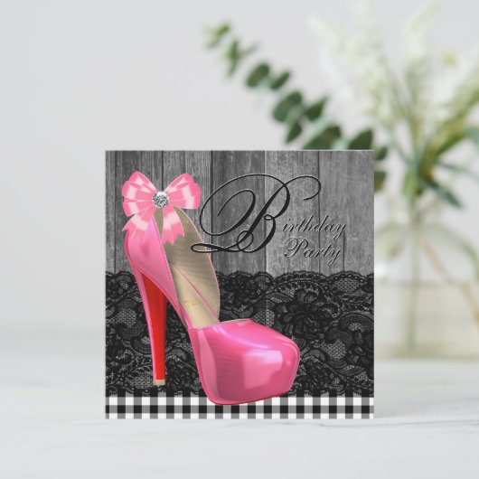 ピンクと黒のバ素朴ンウッド誕生日パーティー 招待状 (スタンド正面)