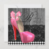 ピンクと黒のバ素朴ンウッド誕生日パーティー 招待状 (正面)