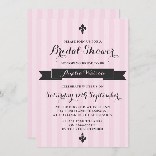 ピンクと黒のパリのブライダルシャワーの招待状 招待状 (正面/裏面)