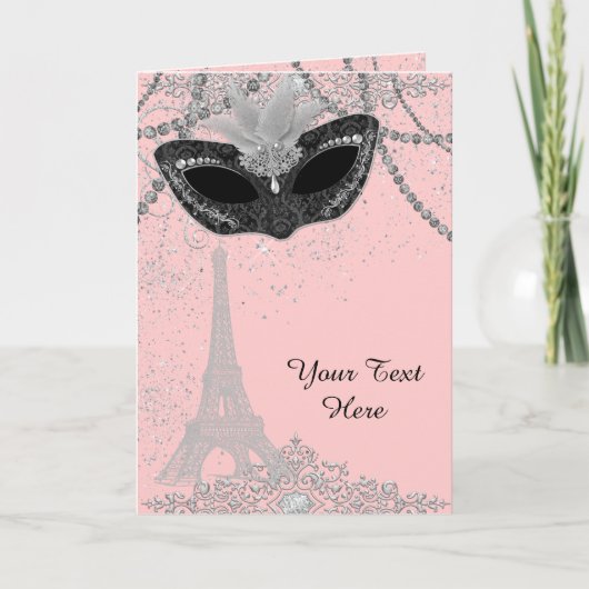 ピンクと黒のパリスマスカレードパーティー カード (正面)