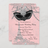 ピンクと黒のパリスマスカレードパーティー 招待状 (正面/裏面)