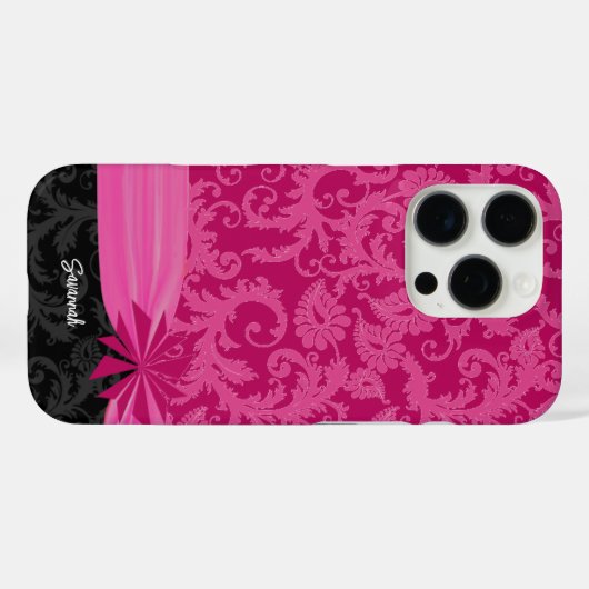 ピンクと黒のパーソナライズされたダマスクiPhoneカバー –  Case-Mate iPhoneケース (裏面 (横))