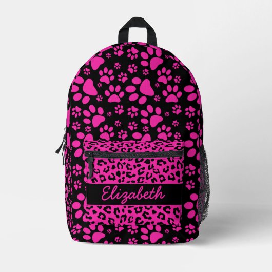 ピンクと黒のヒョウ柄と前足パーソナライズされた プリントバックパック (正面)
