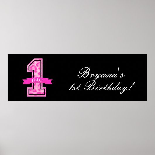 ピンクと黒のヒョウ柄の1歳の誕生日パーティー ポスター (正面)