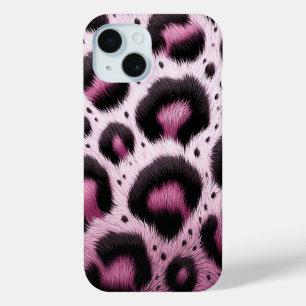 ピンクと黒のヒョウ柄ファーアニマルプリントスポット iPhone 15ケース