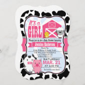 ピンクと黒のファーム動物の女性のカーボーイ赤ちゃんシャワー 招待状 (正面/裏面)