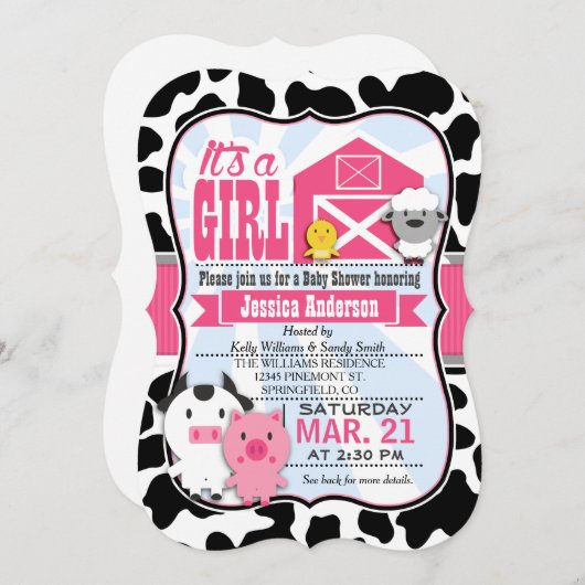 ピンクと黒のファーム動物の女性のカーボーイ赤ちゃんシャワー 招待状 (正面/裏面)