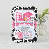 ピンクと黒のファーム動物の女性のカーボーイ赤ちゃんシャワー 招待状 (スタンド正面)